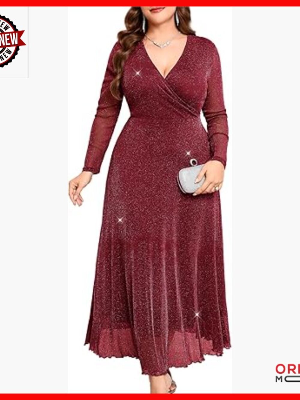 Plus Size Sparkly Maxi Dress V-Neck Wrap Long Sleeve Glitter Mesh Gown